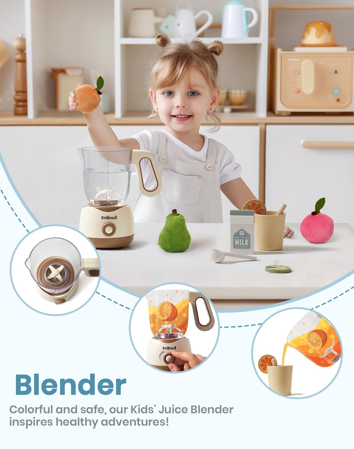 ROBOTIME Wooden Pretend Play Kitchen Playset Food Set With Bread Maker Juicer